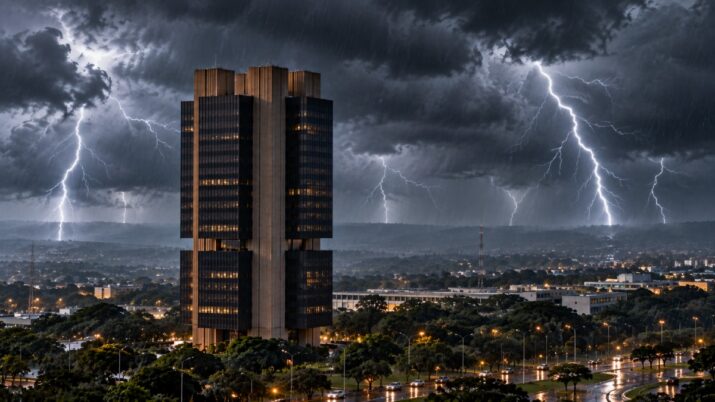 Imagem gerada por inteligência artificial de uma tempestade com raios e nuvens escuras ao redor do banco central em Brasília