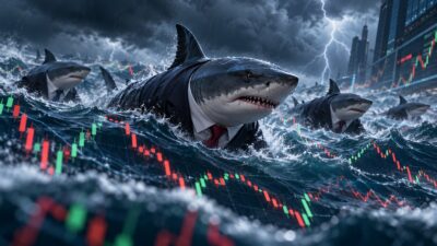 Imagem criada por inteligência artificial mostra tubarões vestindo ternos nadando em um mar tempestuoso da bolsa de valores.