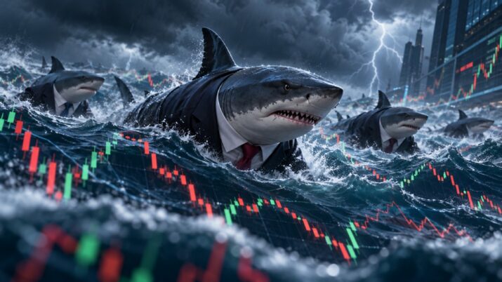 Imagem criada por inteligência artificial mostra tubarões vestindo ternos nadando em um mar tempestuoso da bolsa de valores.
