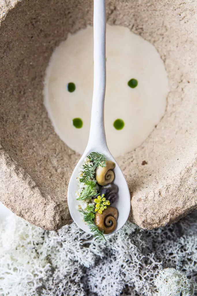 Colher branca com pequenos elementos de prato gourmet sobre base de pedra, com molho claro e gotas verdes ao fundo.