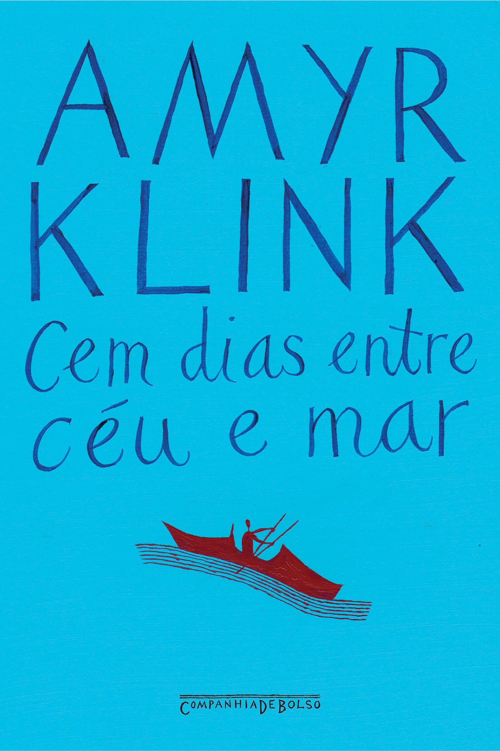 Capa azul do livro com o nome Amyr Klink e desenho de um barco vermelho.