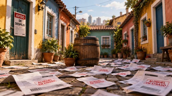 imagem gerada por inteligência artificial mostra uma vila colorida de casas, com um barril no meio, e diversos boletos de aluguel em atraso