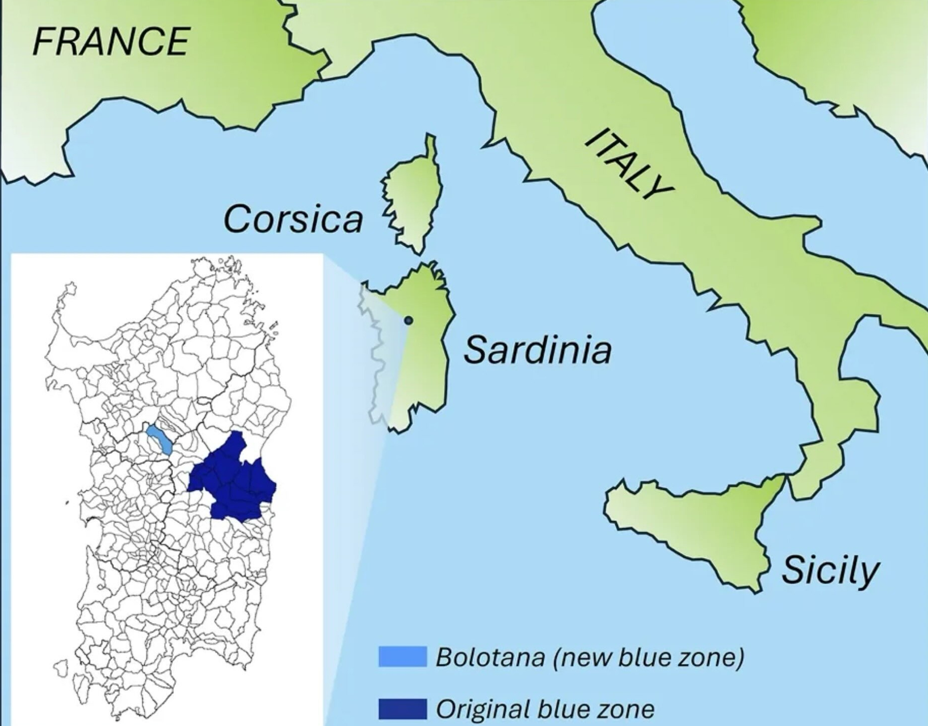 Mapa da Sardenha com destaque para Bolotana e a zona azul original
