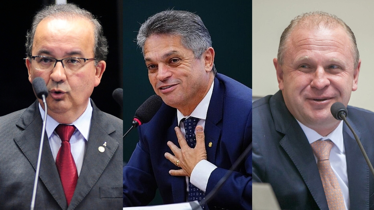 colagem com três homens de terno falando diante de microfone