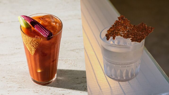 Dois drinks em copos altos, um alaranjado com gelo e espiga de milho, outro transparente com gelo e folha crocante por cima.