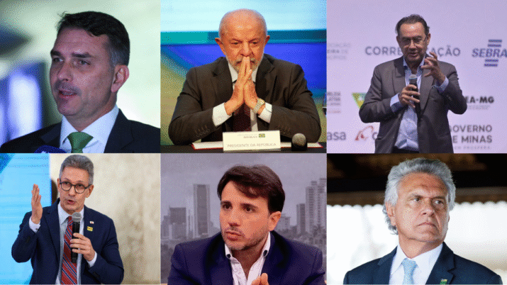 Montagem com pré-candidatos à Presidência da República nas eleições de 2026; pesquisa aponta redução de impostos e geração de empregos como principais fatores na escolha do eleitor.