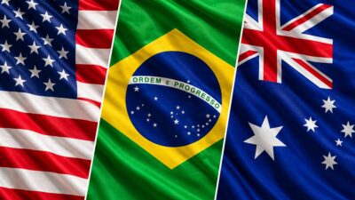 Colagem das bandeiras de EUA, Brasil e Austrália em movimento