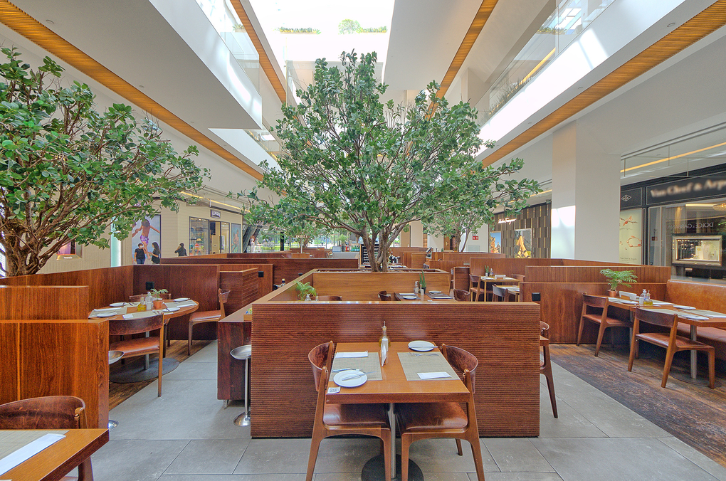 Interior de restaurante com mesas de madeira, divisórias altas e árvores decorativas no salão.