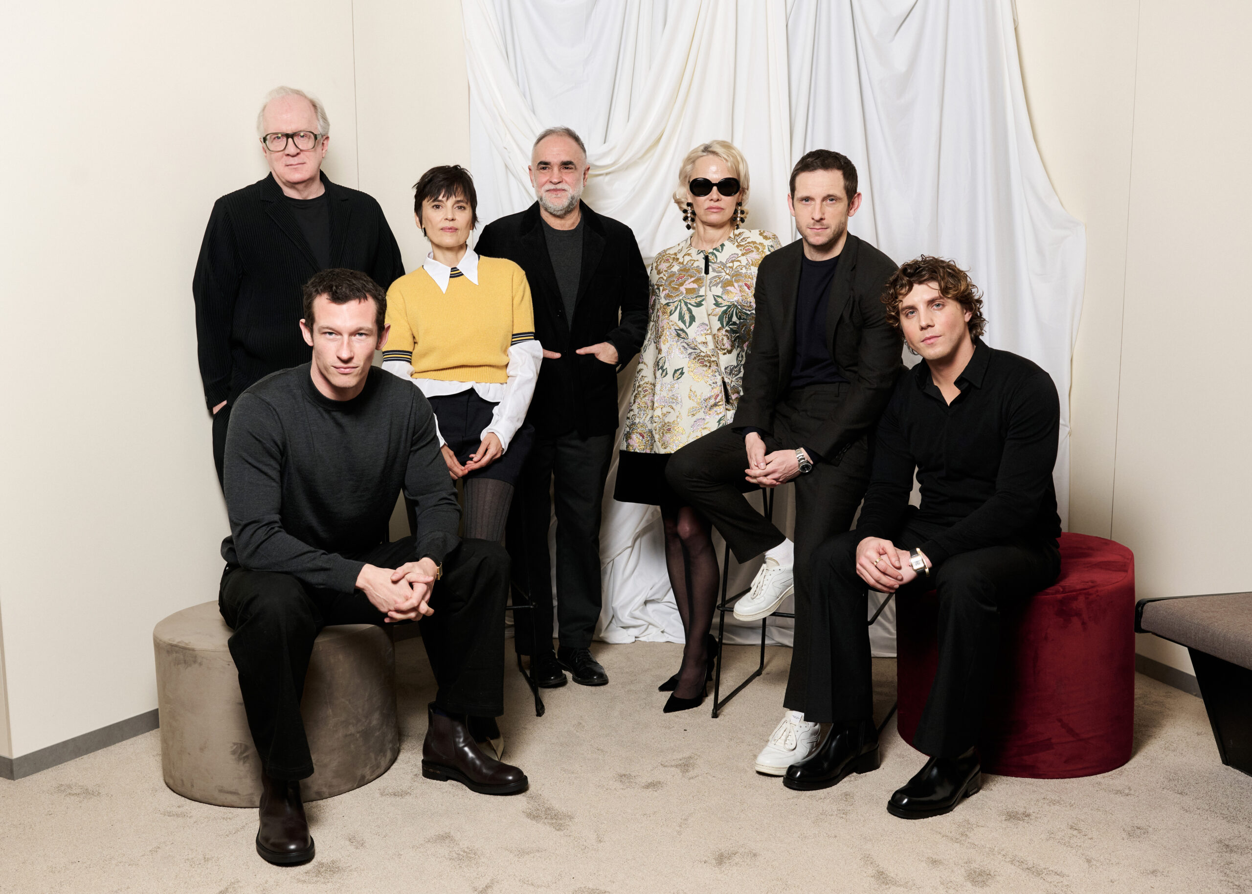 BERLIN, GERMANY - FEBRUARY 14: (L-R) Tracy Letts, Callum Turner, Elena Anaya, Karim Aïnouz, Pamela Anderson, Jamie Bell and Lukas Gage pose during a portrait session for "Rosebush Pruning" inside the Golden Bear Lounge at the Grand Hyatt Hotel during the 76th Berlinale International Film Festival on February 14, 2026 in Berlin, Germany. (Photo by Gareth Cattermole/Getty Images)