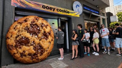 Fila de pessoas em frente a uma loja com um cookie gigante na fachada e letreiro de cookies e milkshakes.