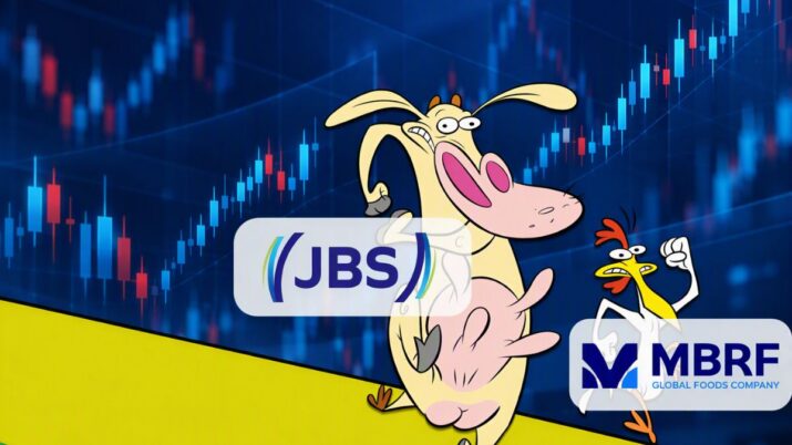 Ilustração do desenho "A Vaca e o Frango", junto aos logotipos de JBS (JBSS32) e MBRF (MBRF3).