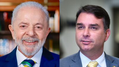 Lula aparece do lado esquerdo em uma montagem. Do lado direito, Flávio Bolsonaro.