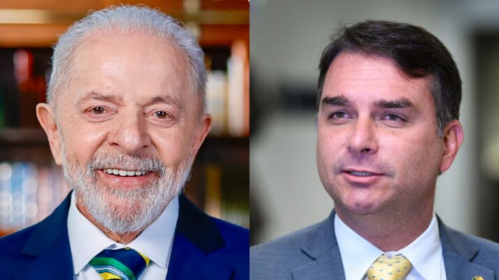 Lula aparece do lado esquerdo em uma montagem. Do lado direito, Flávio Bolsonaro.