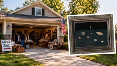 Casa com bazar de garagem na entrada e, ao lado, uma moldura com pequenas conchas sobre fundo escuro.