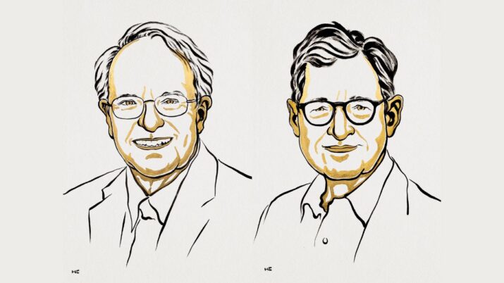 Robert E. Hall e Michael Woodford Ill, vencedores do Nobel de Economia de 2026. Foto: Ilustração de Niklas Elmehed para a Fundação Nobel
