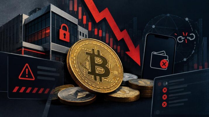 Montagem com moeda de bitcoin, setas vermelhas de queda, ícones de alerta e cadeado em prédio e celular.