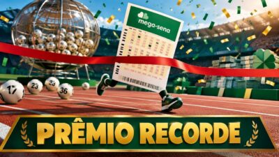 Bilhete da Mega-Sena em destaque, com globo de sorteio, bolas numeradas e confetes ao fundo. Composição mostra um bilhete da Mega-Sena em primeiro plano, ao lado de um globo de sorteio e bolas numeradas, com a frase “Prêmio recorde” na base.