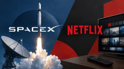Composição dividida com foguete da SpaceX decolando à esquerda e tela da Netflix à direita
