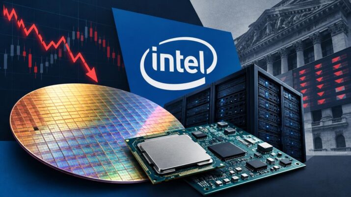 Montagem com logo da Intel, wafer de silício, placa de circuito, servidores e gráfico em queda ao fundo.
