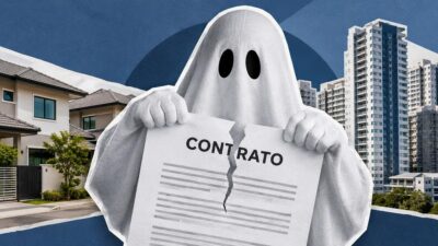 Fantasma segurando um contrato rasgado, com casas e prédios ao fundo.