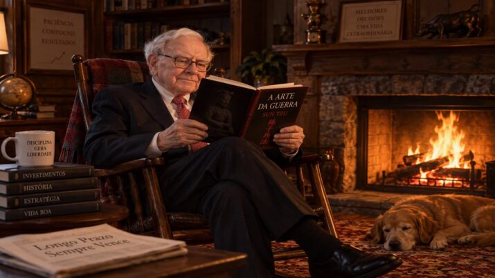 Imagem gerada por IA mostra Warren Buffett lendo 'A Arte da Guerra' na frente de uma lareira.